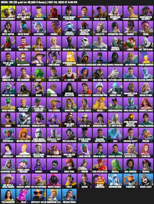 [PC/XBOX] | 125 skins | Reaper Axe | Psycho Bandit | Battle Gamer Mae | Invincible | Fishpool | Glass Bridge Survivor | Superman | Miles Cross | Full Access