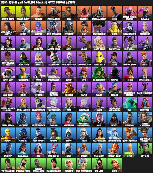 [PC/PSN/XBOX] | 108 skins | Leviathan Axe | Travis Scott | Lara Croft | Major Glory | Menace | Mandalorian | Joey | Deadpool | Eternal Knight | Fade | Full Access