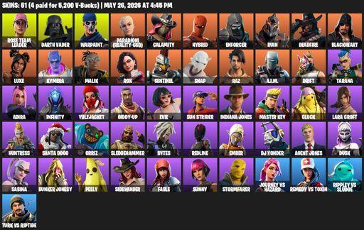 [PC/PSN/XBOX] | 51 skins | 1400 V-bucks | OG STW | Lara Croft | Reaper Axe | Rose Team Leader | Darth Vader | Warpaint | Paradigm (Reality-659) | Full Access