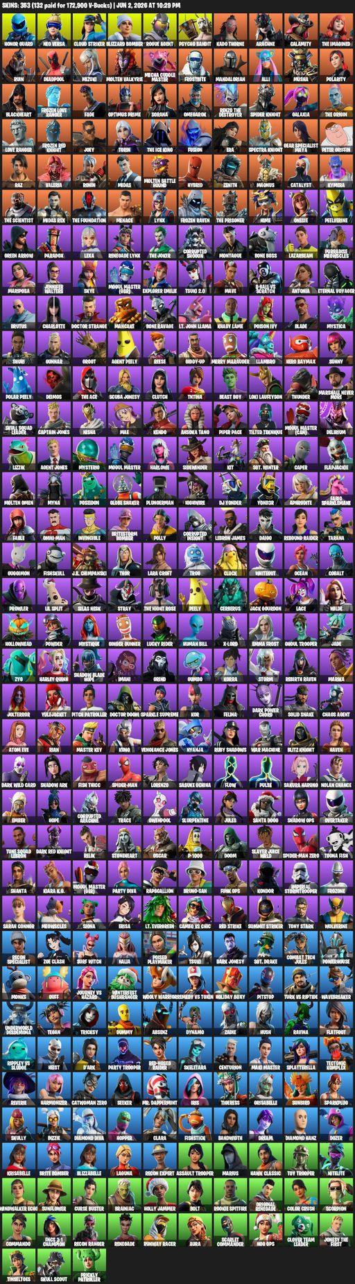 [PC/PSN/XBOX] | 353 skins | 1450 V-bucks | Leviathan Axe | Honor Guard | Lara Croft | Neo Versa | Cloud Striker | Blizzard Bomber | Rogue Agent | Full Access