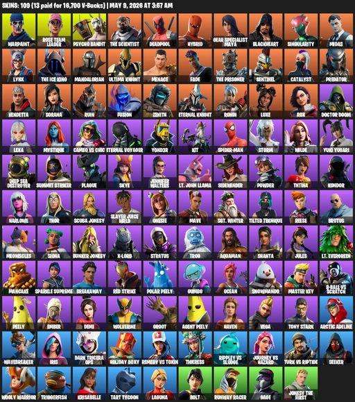 [PC/XBOX] | 109 skins | OG STW | Warpaint | Rose Team Leader | Psycho Bandit | The Scientist | Deadpool | Hybrid | Gear Specialist Maya | Blackheart | Full Access