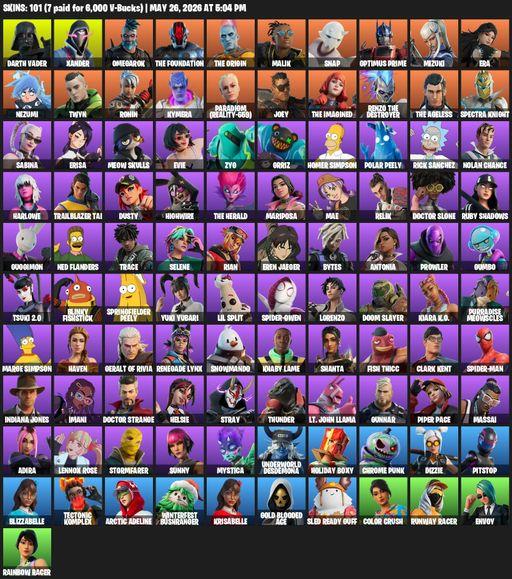 [PC/XBOX] | 101 skins | 700 V-bucks | Darth Vader | Xander | Omegarok | The Foundation | The Origin | Malik | Snap | Optimus Prime | Mizuki | Era | Full Access