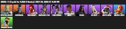 [PC/PSN/XBOX] | 11 skins | 650 V-bucks | Spectra Knight | Omegarok | Yulejacket | Renegade Lynx | Yuki Yubari | Slayer Juice WRLD | Felina | Lil Split | Full Access
