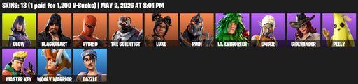 [PC/PSN] | 13 skins | Glow | Blackheart | Hybrid | The Scientist | Luxe | Ruin | Lt. Evergreen | Ember | Sidewinder | Peely | Master Key | Full Access