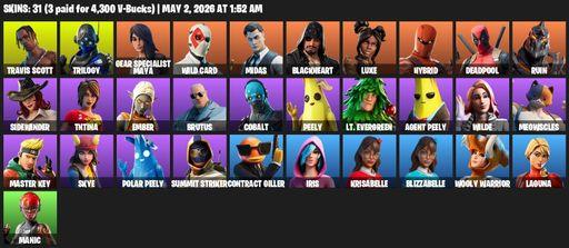 [PC/XBOX] | 31 skins | 650 V-bucks | Travis Scott | Trilogy | Gear Specialist Maya | Wild Card | Midas | Blackheart | Luxe | Hybrid | Deadpool | Ruin | Full Access