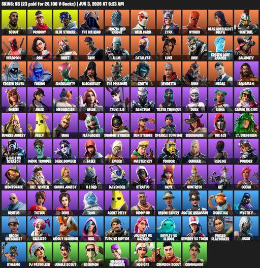 [PC/XBOX] | 98 skins | Reaper Axe | Scout | Prodigy | Blue Striker | The Ice King | Frozen Red Knight | Wild Card | Lynx | Hybrid | Full Access