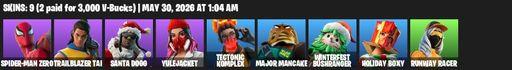 [PC/PSN/XBOX] | 9 skins | 500 V-bucks | Spider-Man Zero | Trailblazer Tai | Santa Dogg | Yulejacket | Tectonic Komplex | Major Mancake | Full Access