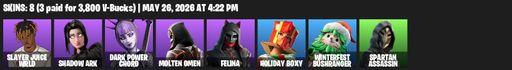 [PC] | 8 skins | 1500 V-bucks | Slayer Juice WRLD | Shadow Ark | Dark Power Chord | Molten Omen | Felina | Holiday Boxy | Winterfest Bushranger | Full Access
