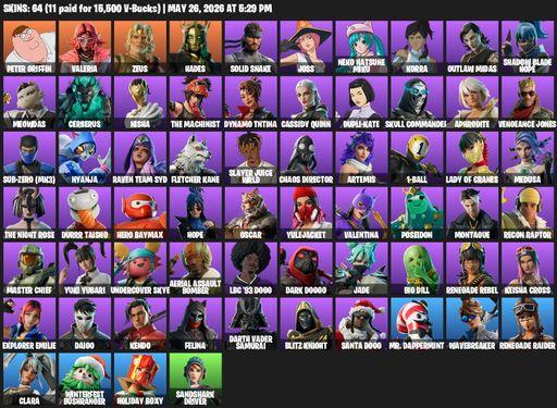 [PC/PSN/XBOX] | 64 skins | Renegade Raider | Peter Griffin | Valeria | Zeus | Hades | Solid Snake | Joss | Neko Hatsune Miku | Korra | Outlaw Midas | Full Access