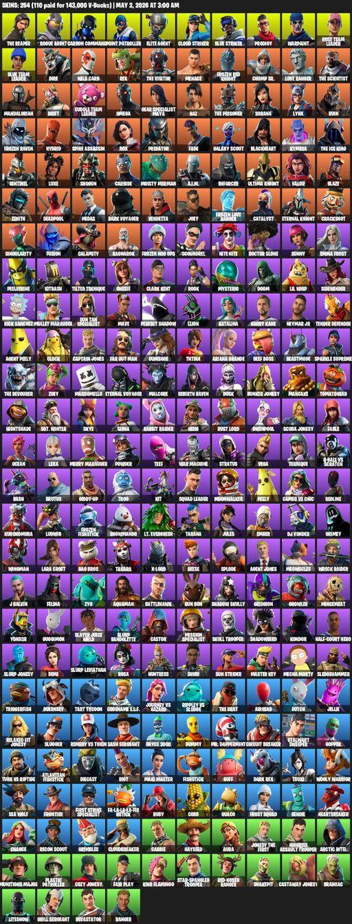 [PC/PSN/XBOX] | 254 skins | 1250 V-bucks | Take The L | OG STW | The Reaper | Elite Agent | Omega | Lara Croft | Rogue Agent | Carbon Commando | Full Access