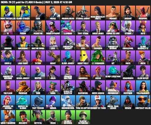[PC/PSN/XBOX] | 76 skins | Lara Croft | Point Patroller | Cloud Striker | Fade | Midas | Mandalorian | Eternal Knight | Gear Specialist Maya | Menace | Full Access