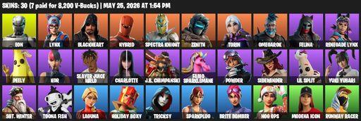 [PC/PSN/XBOX] | 30 skins | Eon | Lynx | Blackheart | Hybrid | Spectra Knight | Zenith | Torin | Omegarok | Felina | Renegade Lynx | Peely | Kor | Full Access