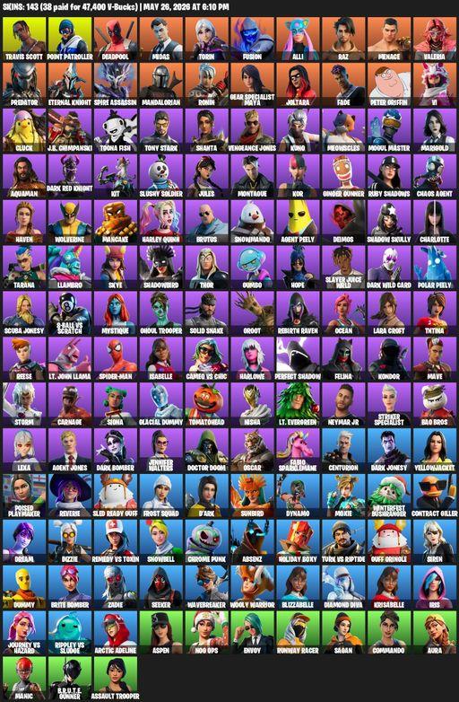 [PC/XBOX] | 143 skins | 850 V-bucks | Leviathan Axe | Travis Scott | Lara Croft | Point Patroller | Deadpool | Midas | Torin | Fusion | Alli | Raz | Full Access