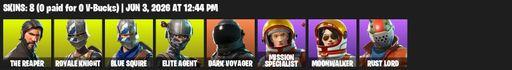 [PC/PSN/XBOX] | 8 skins | Take The L | Royale Knight | The Reaper | Elite Agent | Blue Squire | Dark Voyager | Mission Specialist | Moonwalker | Full Access