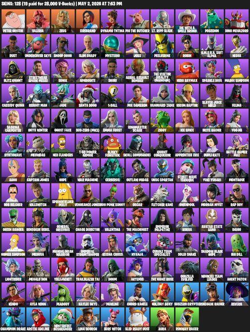 [PC] | 128 skins | Renegade Raider | Peter Griffin | Valeria | Zeus | Firebrand | Dynamo TNTina | Pig the Butcher | Lt. Ripp Slade | Full Access