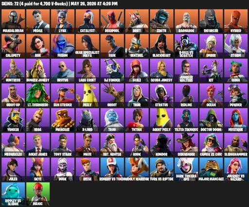 [PC/XBOX] | 72 skins | 650 V-bucks | Lara Croft | Mandalorian | Midas | Lynx | Catalyst | Deadpool | Drift | Zenith | Ragnarok | Enforcer | Hybrid | Full Access