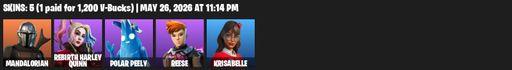 [PC/PSN/XBOX] | 5 skins | Mandalorian | Rebirth Harley Quinn | Polar Peely | Reese | Krisabelle | Snowplower | Holly Hatchets | Crescent Shroom | Full Access