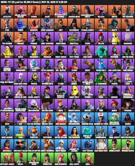 [PC/PSN/XBOX] | 117 skins | 500 V-bucks | Leviathan Axe | Lara Croft | Catalyst | Mecha Cuddle Master | Hybrid | Blaze | Kymera | Mandalorian | Full Access