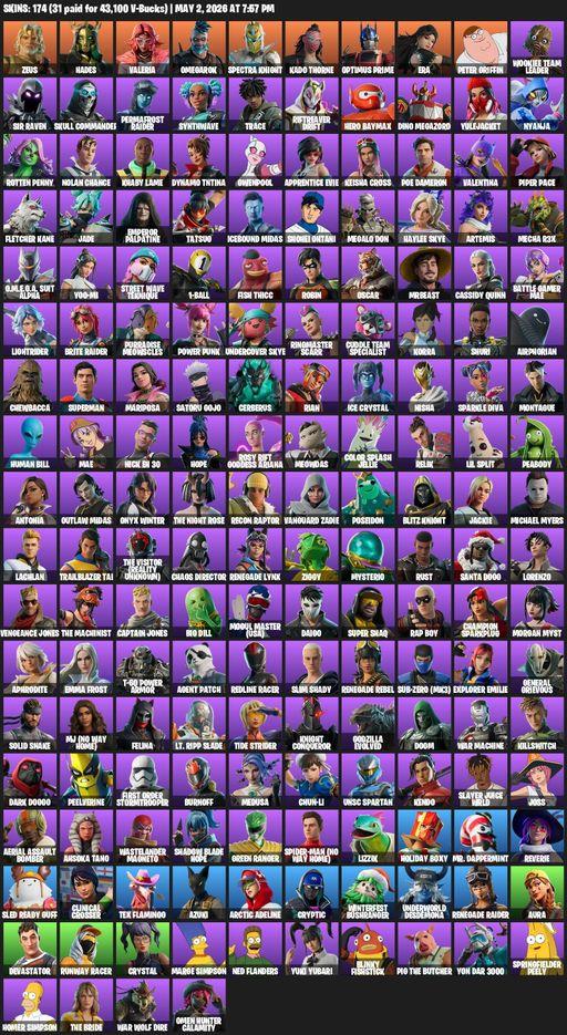 [PC] | 174 skins | Renegade Raider | Reaper Axe | Zeus | Hades | Valeria | Omegarok | Spectra Knight | Kado Thorne | Optimus Prime | Era | Full Access