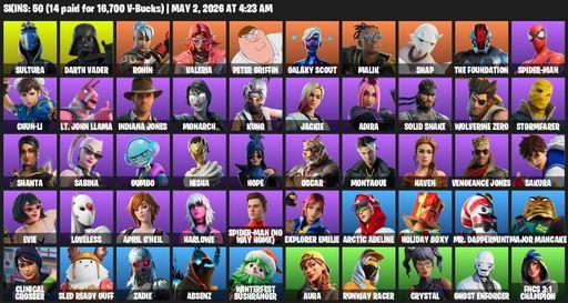[PC/XBOX] | 50 skins | 900 V-bucks | Sultura | Darth Vader | Ronin | Valeria | Peter Griffin | Galaxy Scout | Malik | Snap | The Foundation | Full Access