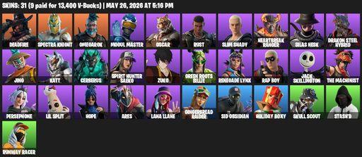[PC/PSN/XBOX] | 31 skins | Reaper Axe | Deadfire | Spectra Knight | Omegarok | Mogul Master | Oscar | Rust | Slim Shady | Heartbreak Ranger | Full Access
