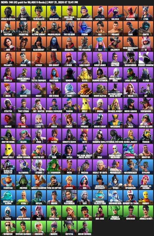 [PC/PSN/XBOX] | 146 skins | 900 V-bucks | Leviathan Axe | OG STW | Lara Croft | Stealth Reflex | Havoc | Trailblazer | Warpaint | Rose Team Leader | Full Access