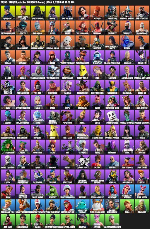 [PC/PSN/XBOX] | 148 skins | 1000 V-bucks | OG STW | Lara Croft | Reaper Axe | Warpaint | Rose Team Leader | Darth Vader | Glow | The Ice King | Rox | Full Access