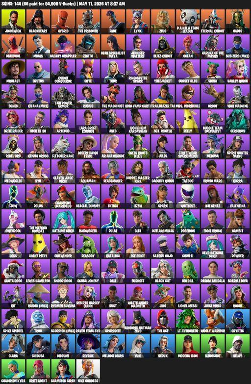 [PC/XBOX] | 144 skins | Reaper Axe | John Wick | Blackheart | Hybrid | The Prisoner | Fade | Lynx | Zeus | P.A.N.D.A Team Leader | Eternal Knight | Full Access