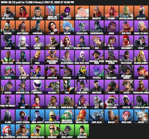 [PC/XBOX] | 86 skins | Reaper Axe | The Scientist | Joltara | The Ageless | Renzo the Destroyer | Tempest | Peter Griffin | Vendetta | Valeria | Full Access