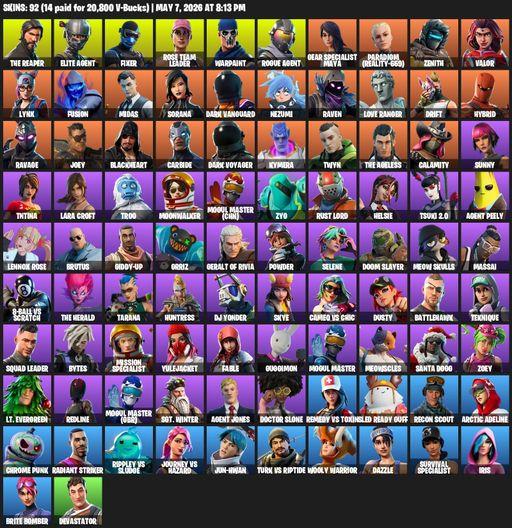 [PC] | 92 skins | Take The L | OG STW | The Reaper | Elite Agent | Lara Croft | Fixer | Rose Team Leader | Warpaint | Rogue Agent | Full Access