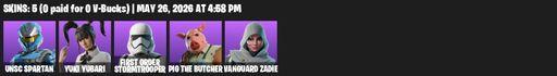 [PC/PSN/XBOX] | 5 skins | 500 V-bucks | UNSC Spartan | Yuki Yubari | First Order Stormtrooper | Pig the Butcher | Vanguard Zadie | Zadie's Blade | Full Access