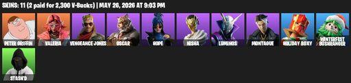 [PC/PSN/XBOX] | 11 skins | 500 V-bucks | Peter Griffin | Valeria | Vengeance Jones | Oscar | Hope | Nisha | Luminos | Montague | Holiday Boxy | Full Access