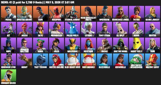 [PC/XBOX] | 41 skins | 700 V-bucks | Midas | Spectra Knight | Fade | Deadpool | Eternal Knight | Gear Specialist Maya | Omegarok | Vengeance Jones | Full Access