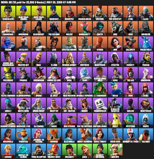 [PC/XBOX] | 98 skins | OG STW | Reaper Axe | Trailblazer | Blue Team Leader | Rose Team Leader | Warpaint | Vendetta | Mandalorian | Sentinel | Full Access
