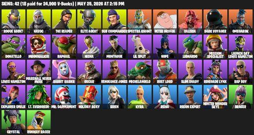 [PC/PSN/XBOX] | 42 skins | Take The L | The Reaper | Elite Agent | Rogue Agent | Havoc | Sub Commander | Spectra Knight | Peter Griffin | Valeria | Full Access