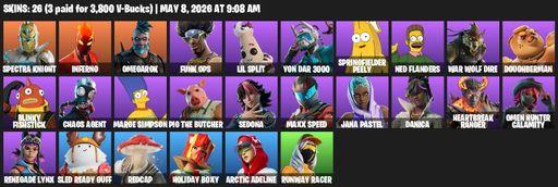 [PC] | 26 skins | 1150 V-bucks | Reaper Axe | Spectra Knight | Inferno | Omegarok | Funk Ops | Lil Split | Yon Dar 3000 | Springfielder Peely | Full Access