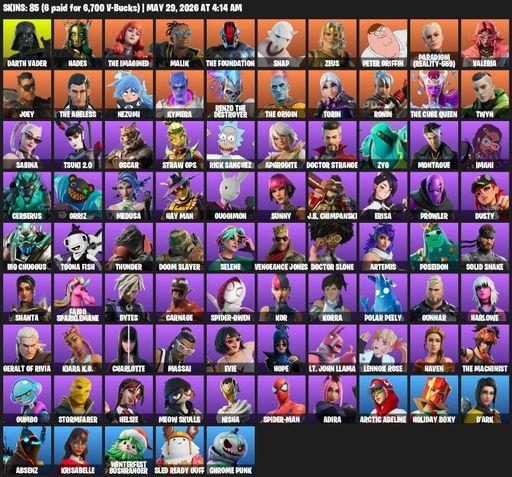 [PC/XBOX] | 85 skins | Darth Vader | Hades | The Imagined | Malik | The Foundation | Snap | Zeus | Peter Griffin | Paradigm (Reality-659) | Valeria | Full Access