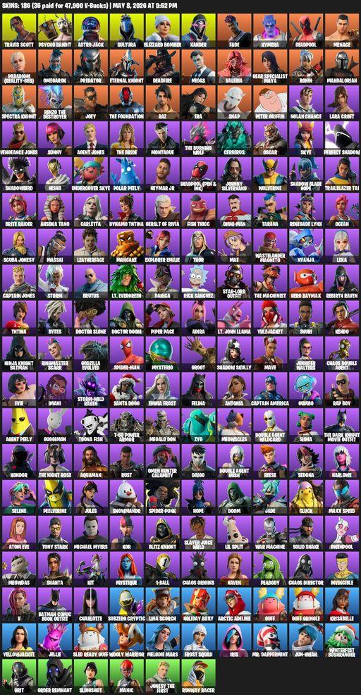 [PC] | 186 skins | Travis Scott | Lara Croft | Psycho Bandit | Astro Jack | Sultura | Blizzard Bomber | Xander | Fade | Kymera | Deadpool | Menace | Full Access