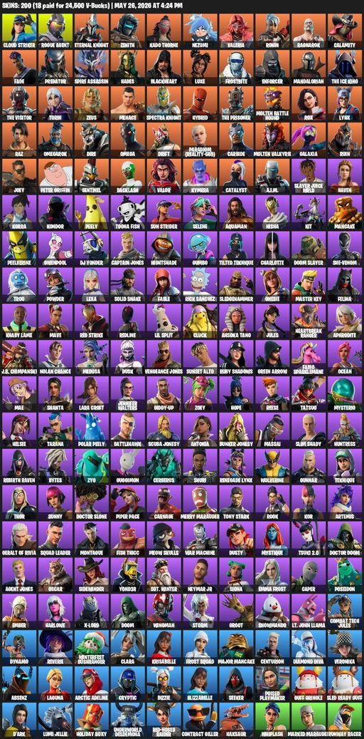 [PC] | 200 skins | 550 V-bucks | Leviathan Axe | Omega | Lara Croft | Cloud Striker | Rogue Agent | Eternal Knight | Zenith | Kado Thorne | Nezumi | Full Access