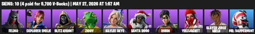 [PC/PSN/XBOX] | 10 skins | Felina | Explorer Emilie | Blitz Knight | Ziggy | Haylee Skye | Santa Dogg | Robin | Yulejacket | Slayer Juice WRLD | Full Access