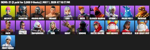 [PC/PSN/XBOX] | 21 skins | 700 V-bucks | Wildcat | Predator | Mandalorian | Menace | Lexa | Reese | Cloaked Shadow | Storm | Polar Peely | Mancake | Full Access