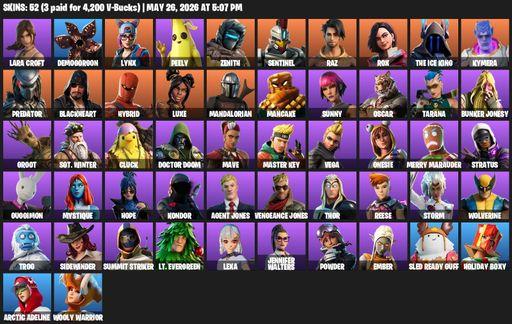[PC/PSN/XBOX] | 52 skins | 550 V-bucks | Lara Croft | Demogorgon | Lynx | Peely | Zenith | Sentinel | Raz | Rox | The Ice King | Kymera | Predator | Full Access
