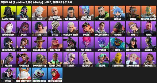 [PC/PSN/XBOX] | 44 skins | 1200 V-bucks | Darth Vader | Xander | Snap | Paradigm (Reality-659) | The Ageless | Renzo the Destroyer | Twyn | Nezumi | Full Access