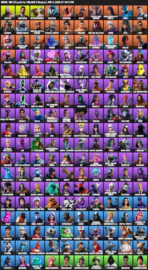 [PC/PSN/XBOX] | 180 skins | 1150 V-bucks | Leviathan Axe | Lara Croft | Kratos | John Wick | Psycho Bandit | Valkyrie | Deadpool | Blaze | Full Access