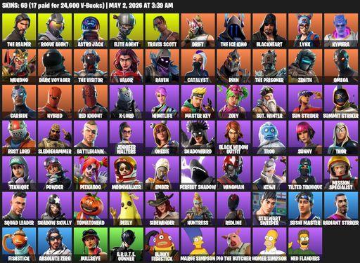 [PC/PSN/XBOX] | 69 skins | 650 V-bucks | Take The L | Travis Scott | The Reaper | Elite Agent | Omega | Rogue Agent | Astro Jack | Drift | Full Access