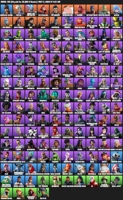 [PC/PSN/XBOX] | 154 skins | 500 V-bucks | Renegade Raider | Mizuki | Renzo the Destroyer | The Imagined | The Ageless | Peter Griffin | Valeria | Full Access