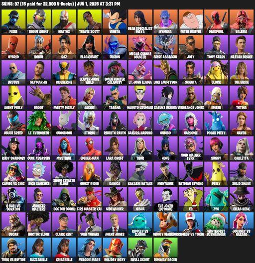 [PC] | 97 skins | 900 V-bucks | Leviathan Axe | Travis Scott | Lara Croft | Fixer | Rogue Agent | Kratos | Vegeta | Gear Specialist Maya | Kymera | Full Access