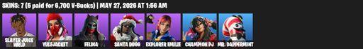 [PC/PSN/XBOX] | 7 skins | Slayer Juice WRLD | Yulejacket | Felina | Santa Dogg | Explorer Emilie | Champion PJ | Mr. Dappermint | Apex Predator | Full Access