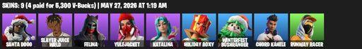 [PC/PSN/XBOX] | 9 skins | 900 V-bucks | Santa Dogg | Slayer Juice WRLD | Felina | Yulejacket | Katalina | Holiday Boxy | Winterfest Bushranger | Full Access