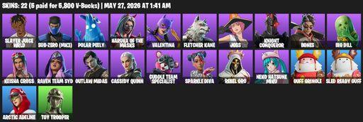 [PC/PSN/XBOX] | 22 skins | 600 V-bucks | Slayer Juice WRLD | Sub-Zero (MK3) | Polar Peely | Haruka of the Masks | Valentina | Fletcher Kane | Joss | Full Access